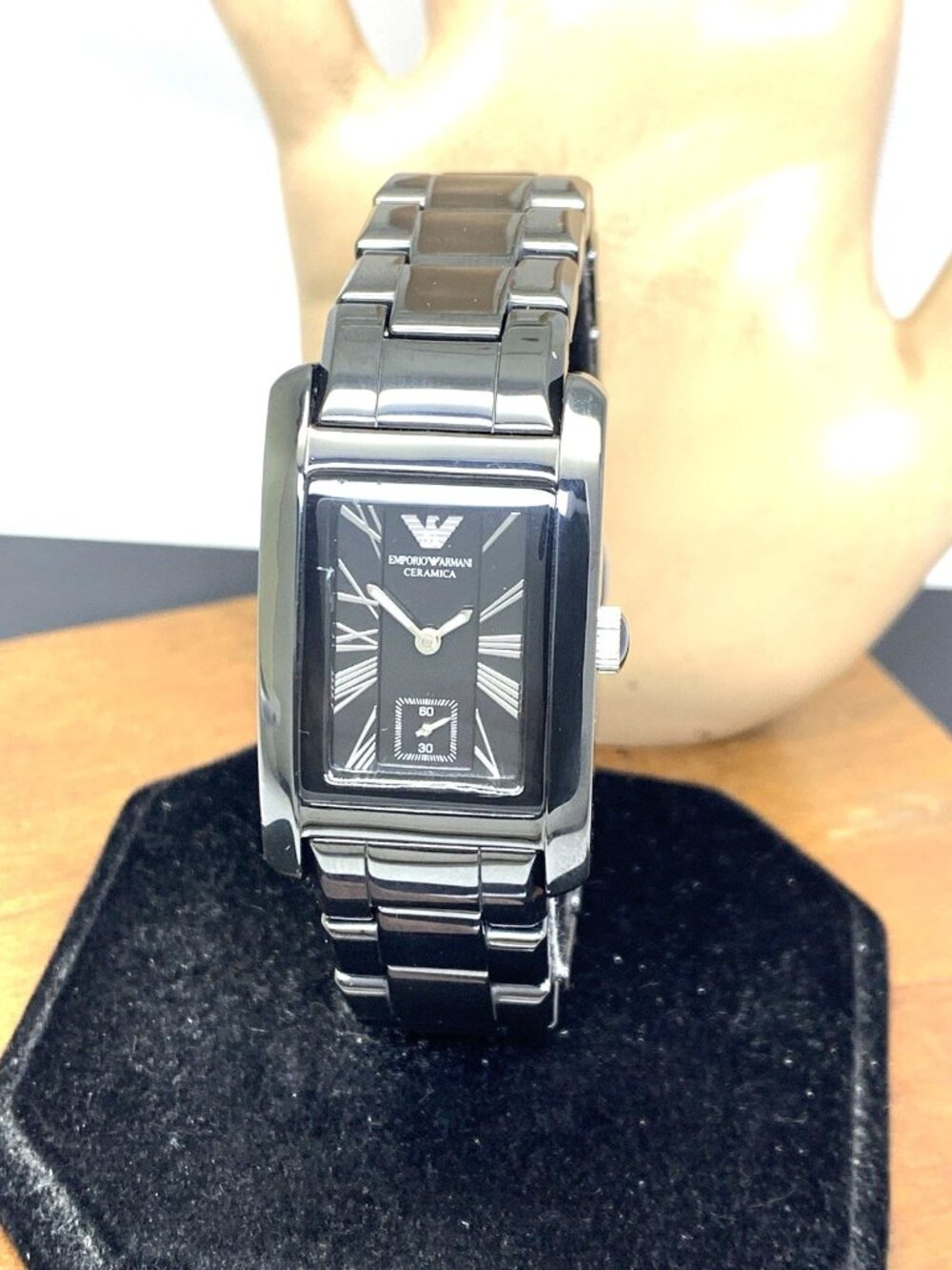Emporio Armani Womens Watch AR1407 Quartz Roman Numerals Black Ceramic Tank 25mm